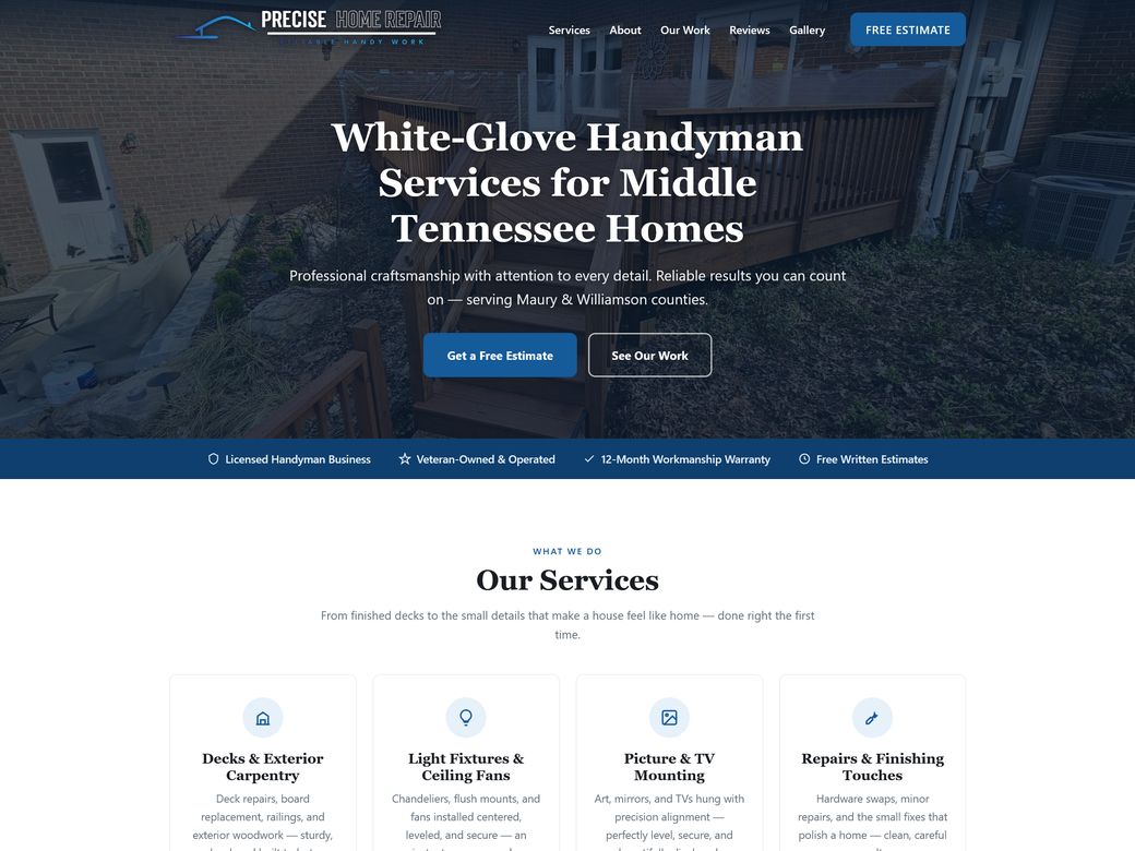 Precise Home Repair website homepage